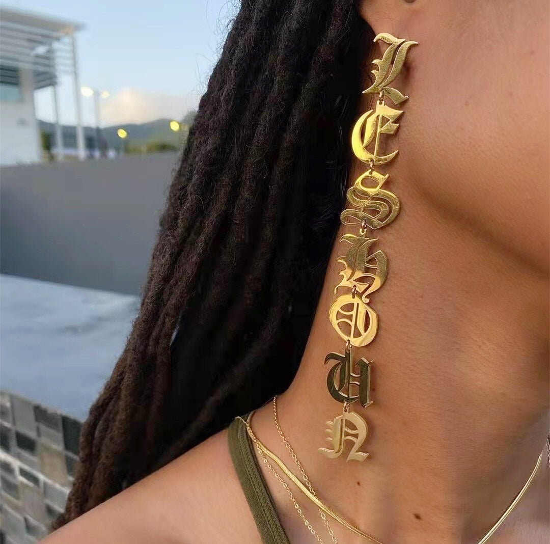 Personalised Old English Letters Drop Earrings