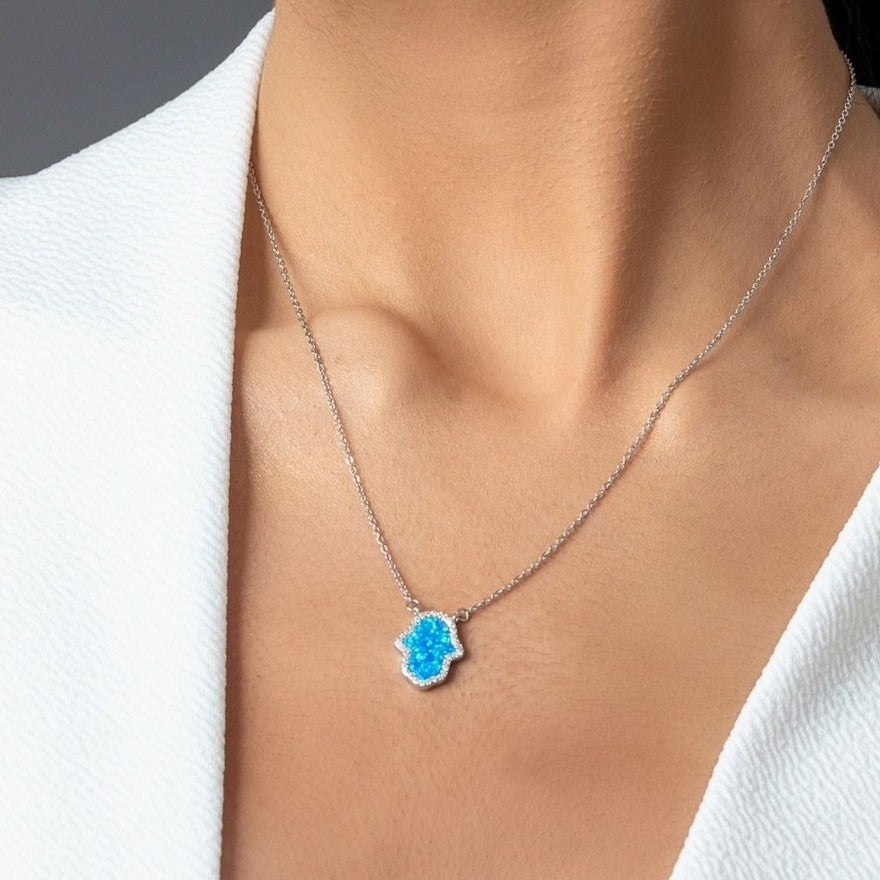 Hamsa Hand of Fatima Blue Opal Necklace sterling silver