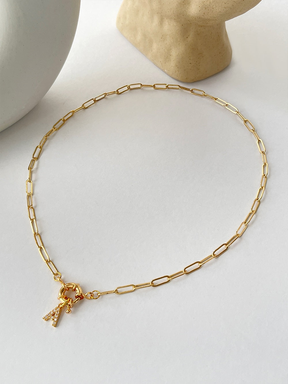 Initial Crystal Letter Necklace with Paper Clip Chain