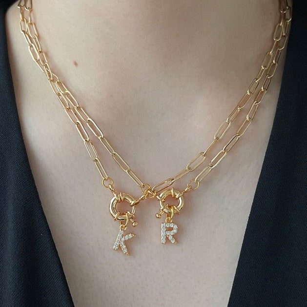 Initial Crystal Letter Necklace with Paper Clip Chain