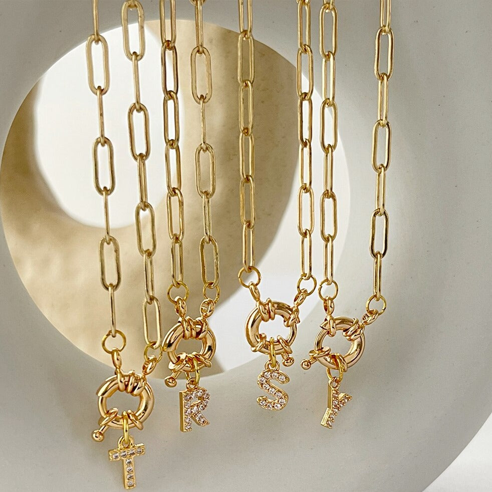 Initial Crystal Letter Necklace with Paper Clip Chain
