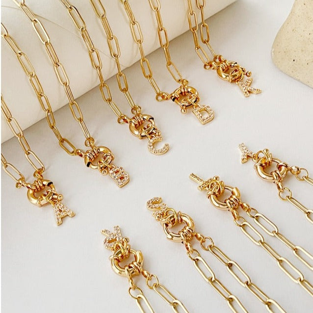Initial Crystal Letter Necklace with Paper Clip Chain