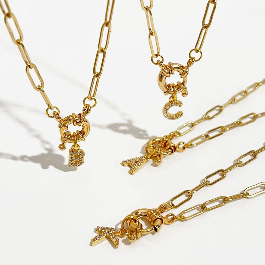 Initial Crystal Letter Necklace with Paper Clip Chain