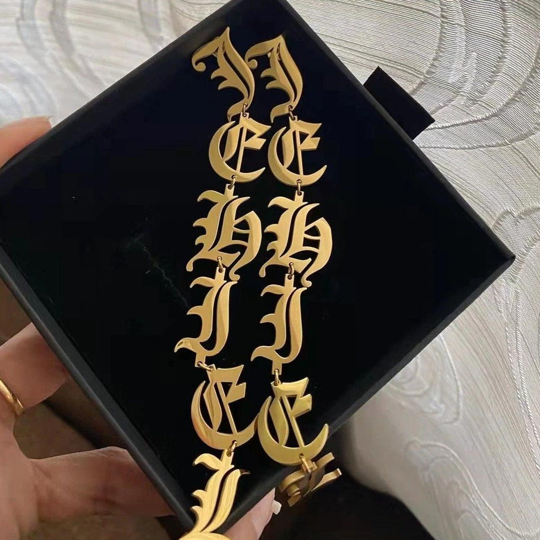 Personalised Old English Letters Drop Earrings