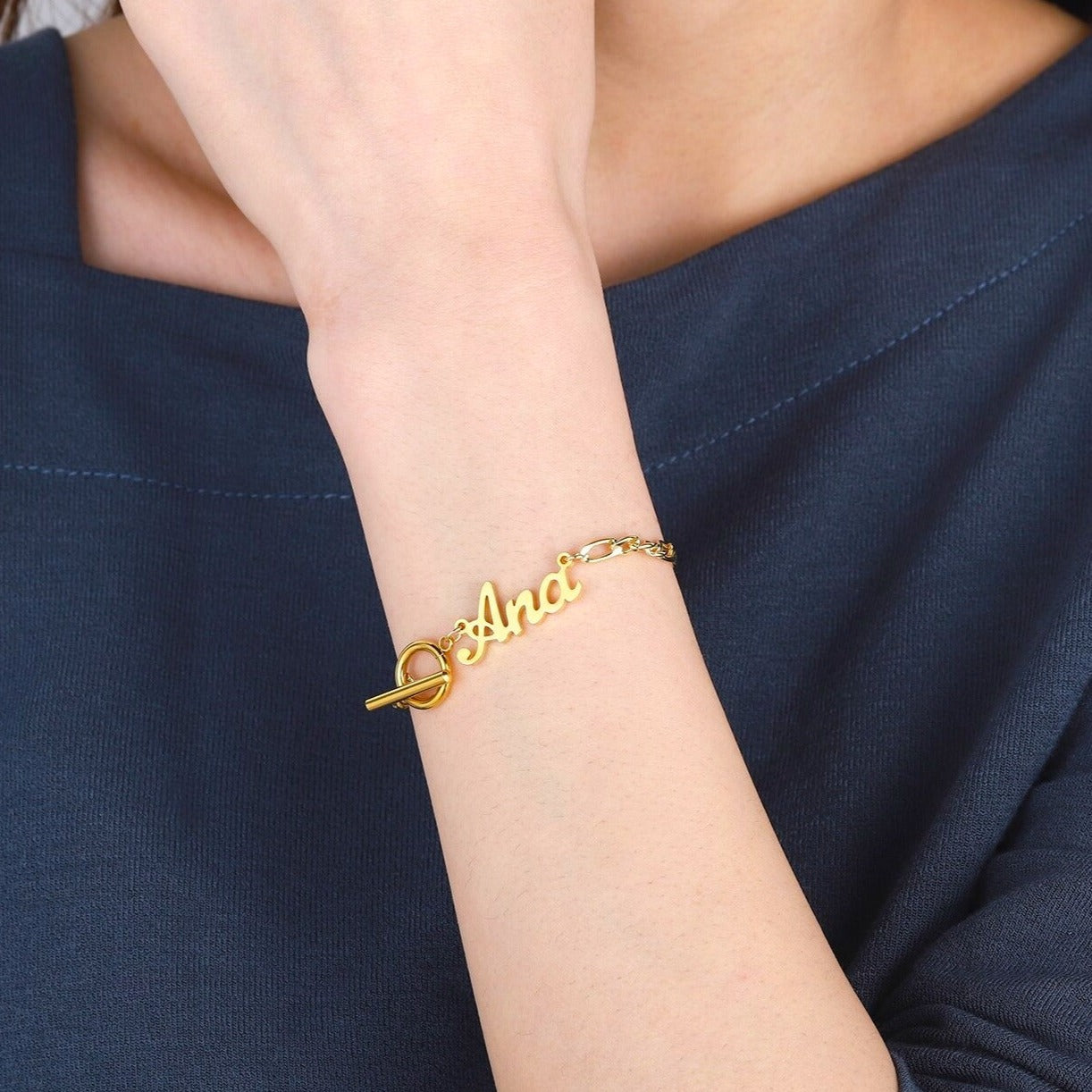 Personalised Name Gold T bar Bracelet with Toggle Clasp
