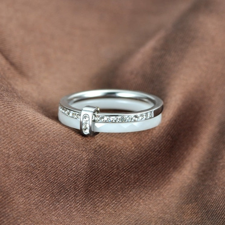 white Ceramic Ring with Crystals