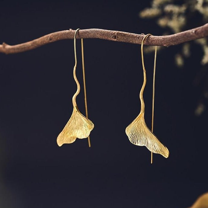 Gold Lotus Leaf Drop Earrings | Handmade Unique Statement Jewellery