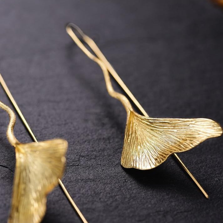 Gold Lotus Leaf Drop Earrings | Handmade Unique Statement Jewellery