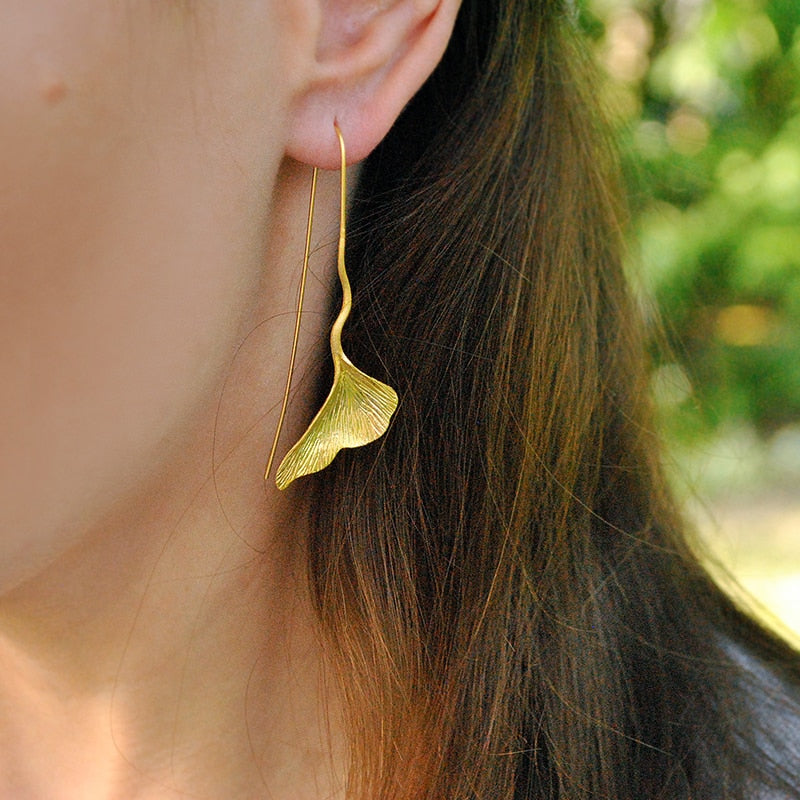 Gold Lotus Leaf Drop Earrings | Handmade Unique Statement Jewellery