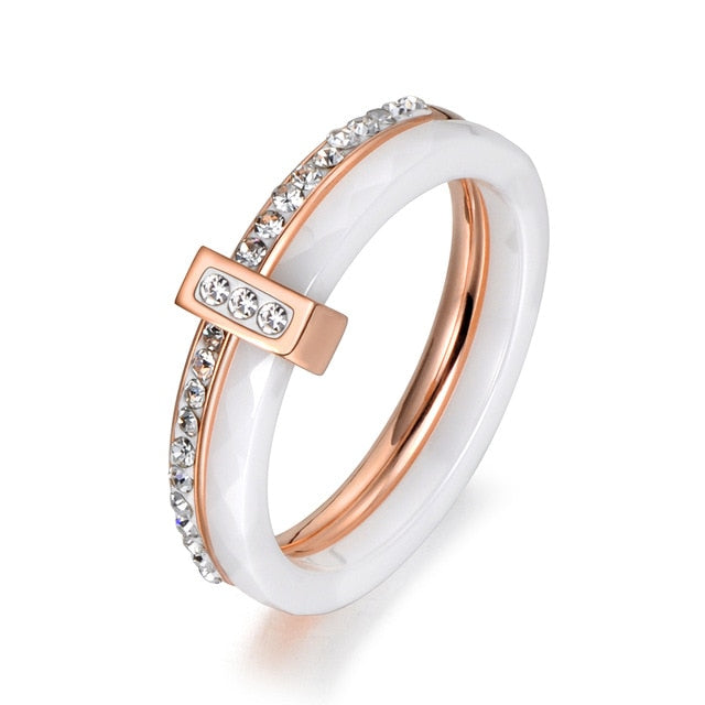 18K Gold Plated white Ceramic Ring with Crystals rose gold