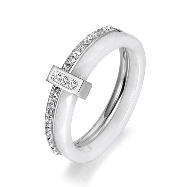 18K white Gold Plated white Ceramic Ring with Crystals