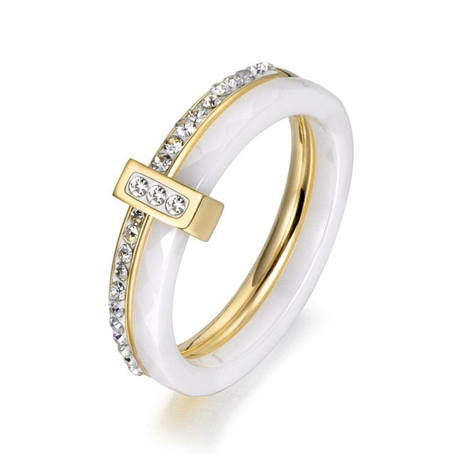 18K Gold Plated white Ceramic Ring with Crystals gold
