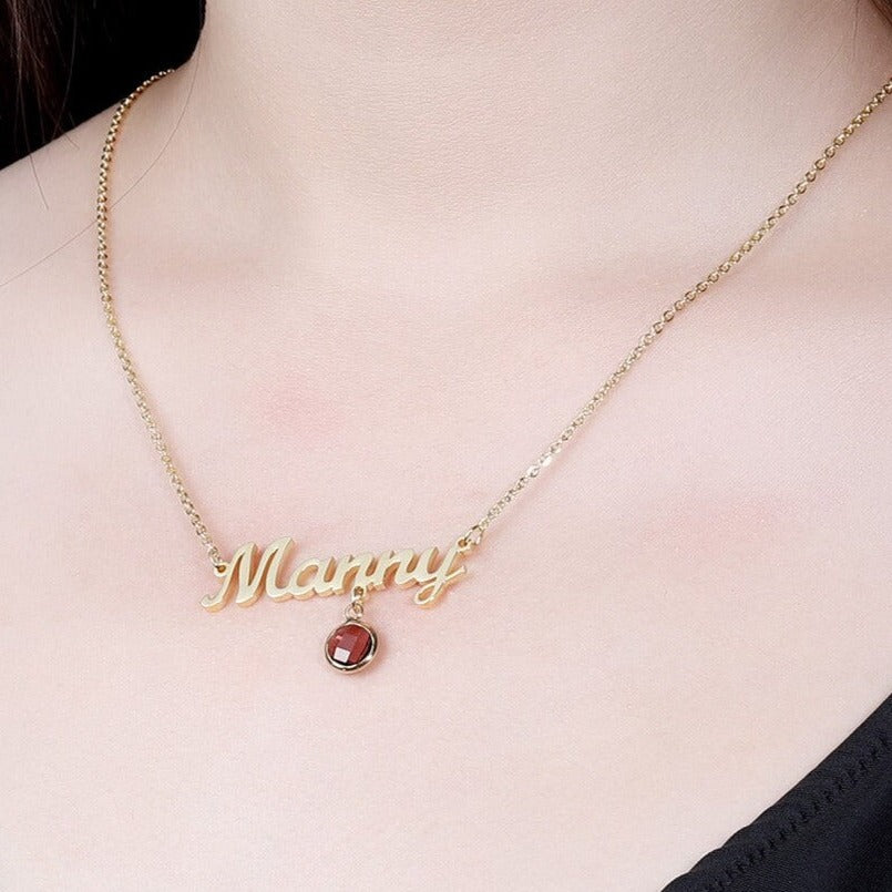 Personalised Name Necklace with Hanging Birthstone