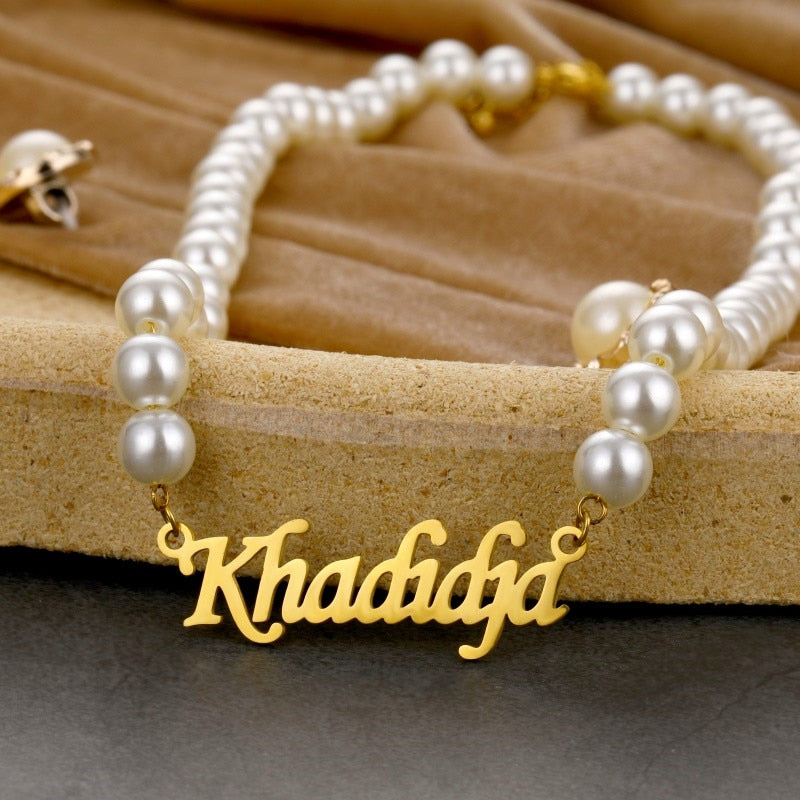 personalised name necklace gold pearls