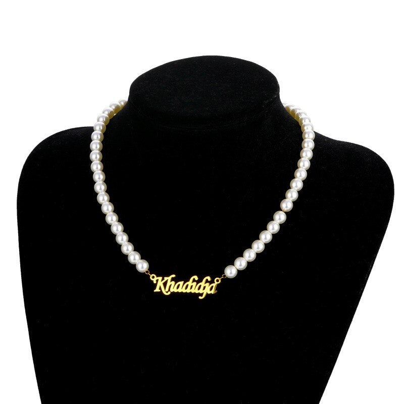 white pearl personalised custom necklace gold plated