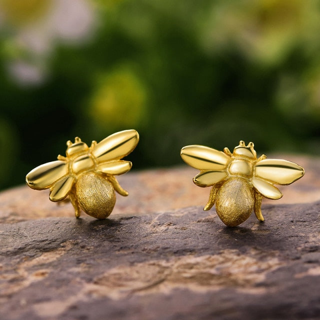 Dainty Handmade Bee Earrings - 925 Sterling Silver Gold Vermeil