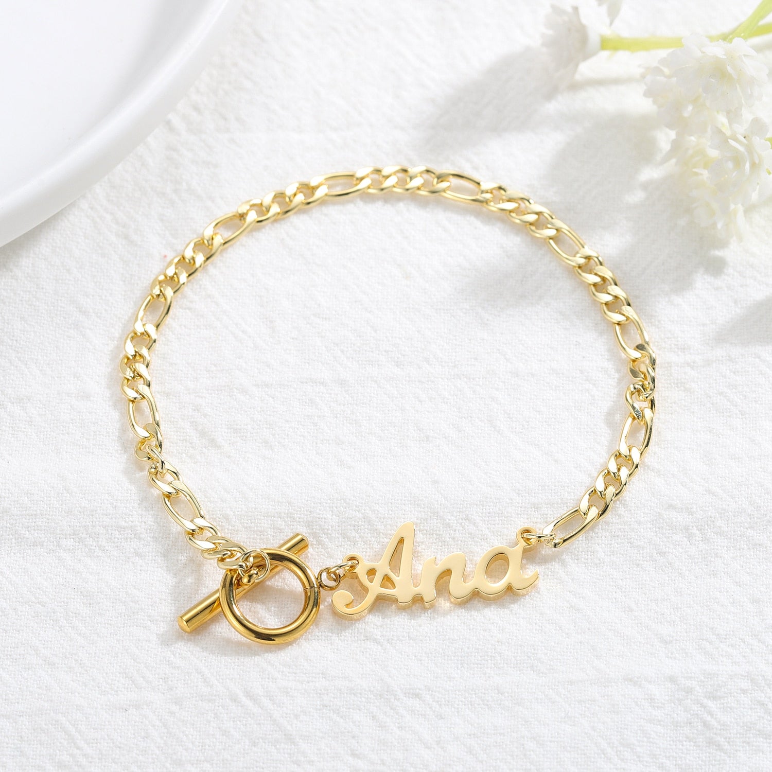 Personalised Name Gold T bar Bracelet with Toggle Clasp