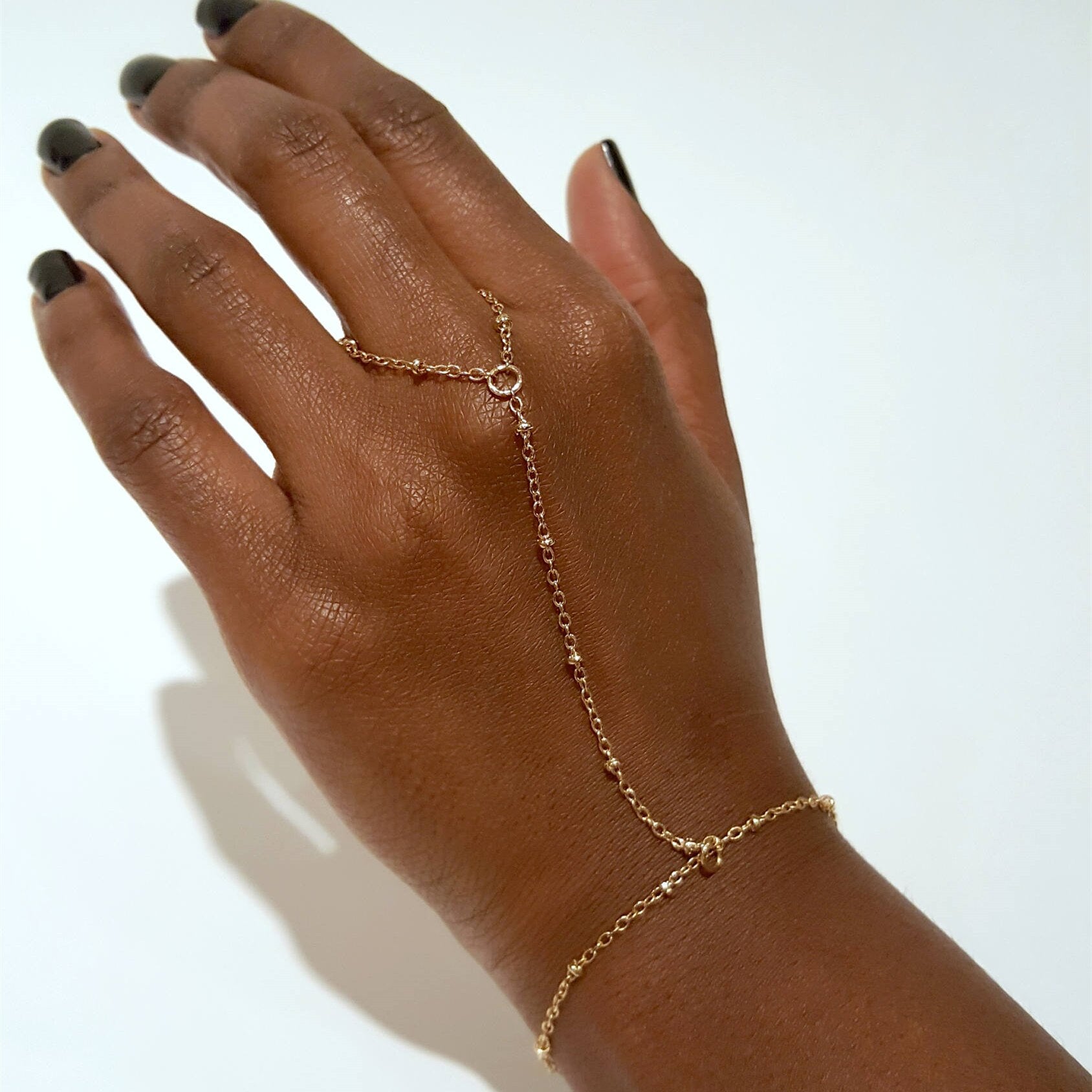 Minimalist Gold plated Bead Chain Ring Bracelet Linked Finger Bracelet and  Ring Connected Hand Harness Bracelets