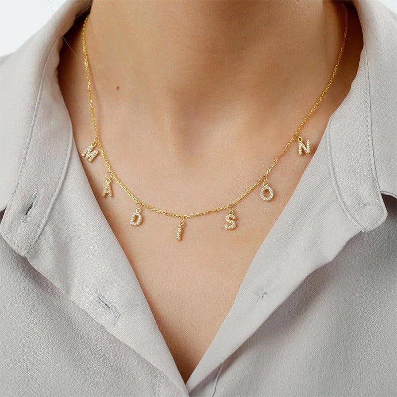 Personalised Crystal Initials Letters Necklace -Gold