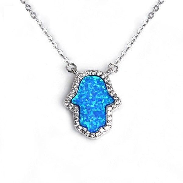 Hamsa Hand of Fatima Blue Opal Necklace sterling silver