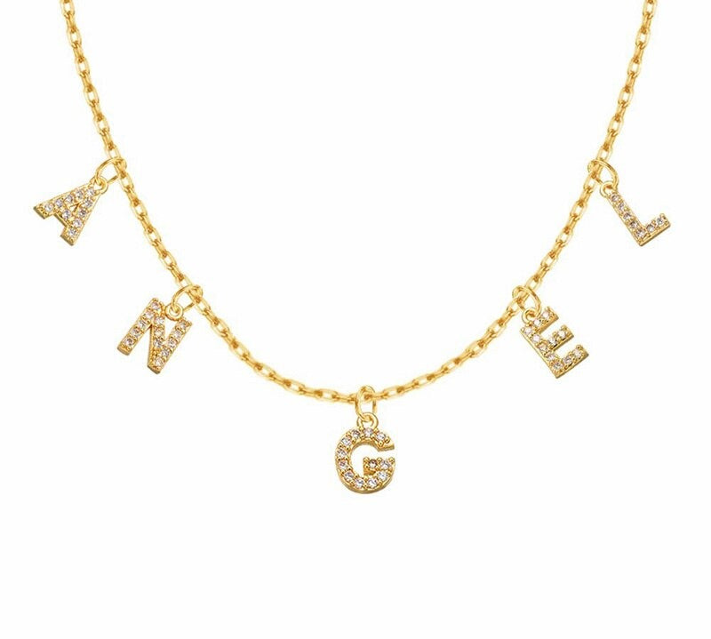 Personalised Crystal Initials Letters Necklace -Gold