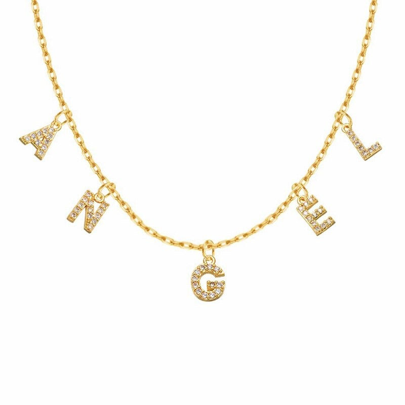 Personalised Crystal Initials Letters Necklace -Gold