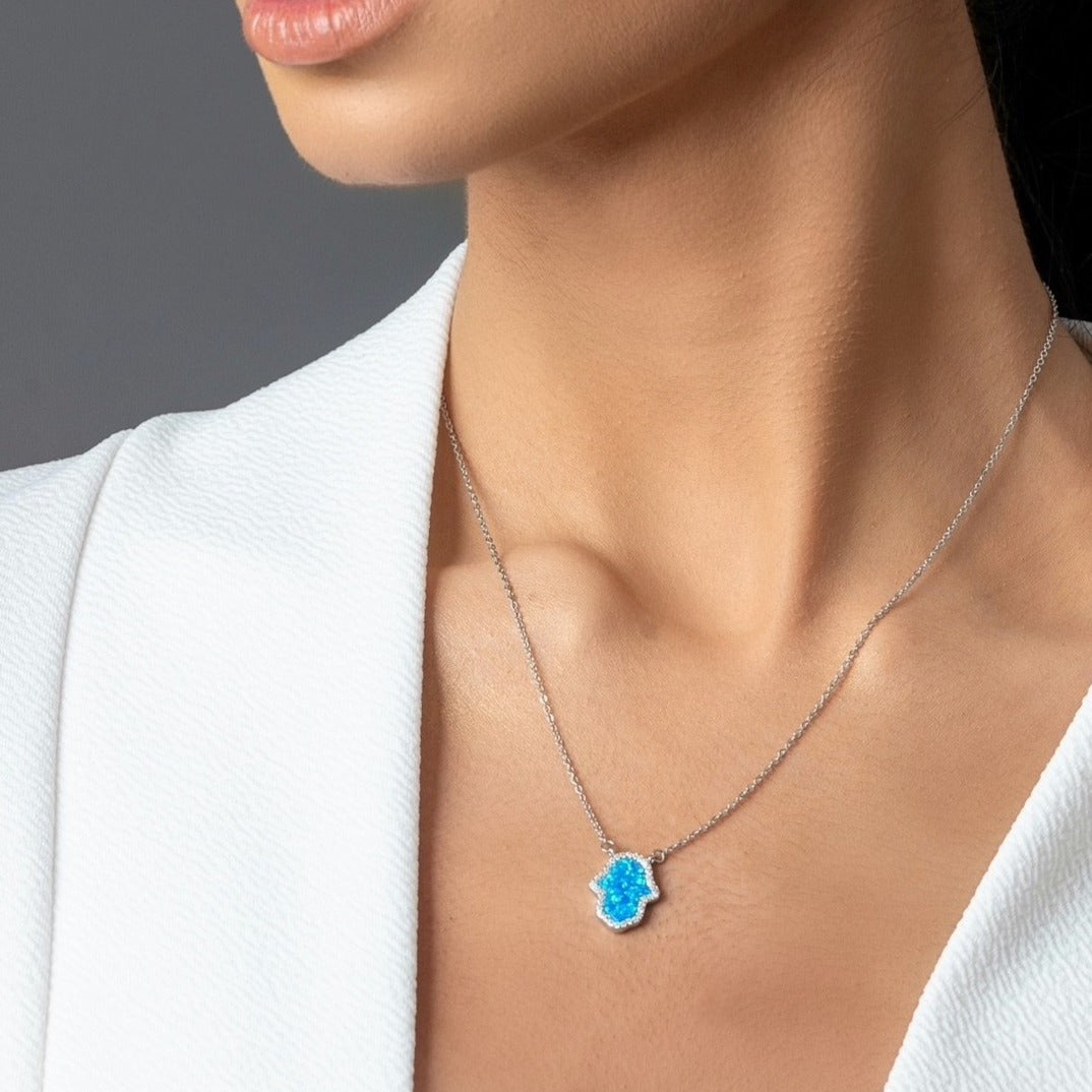 Hamsa Hand of Fatima Blue Opal Necklace sterling silverEmbrace Protection & Luck with this Opal Hamsa Necklace
