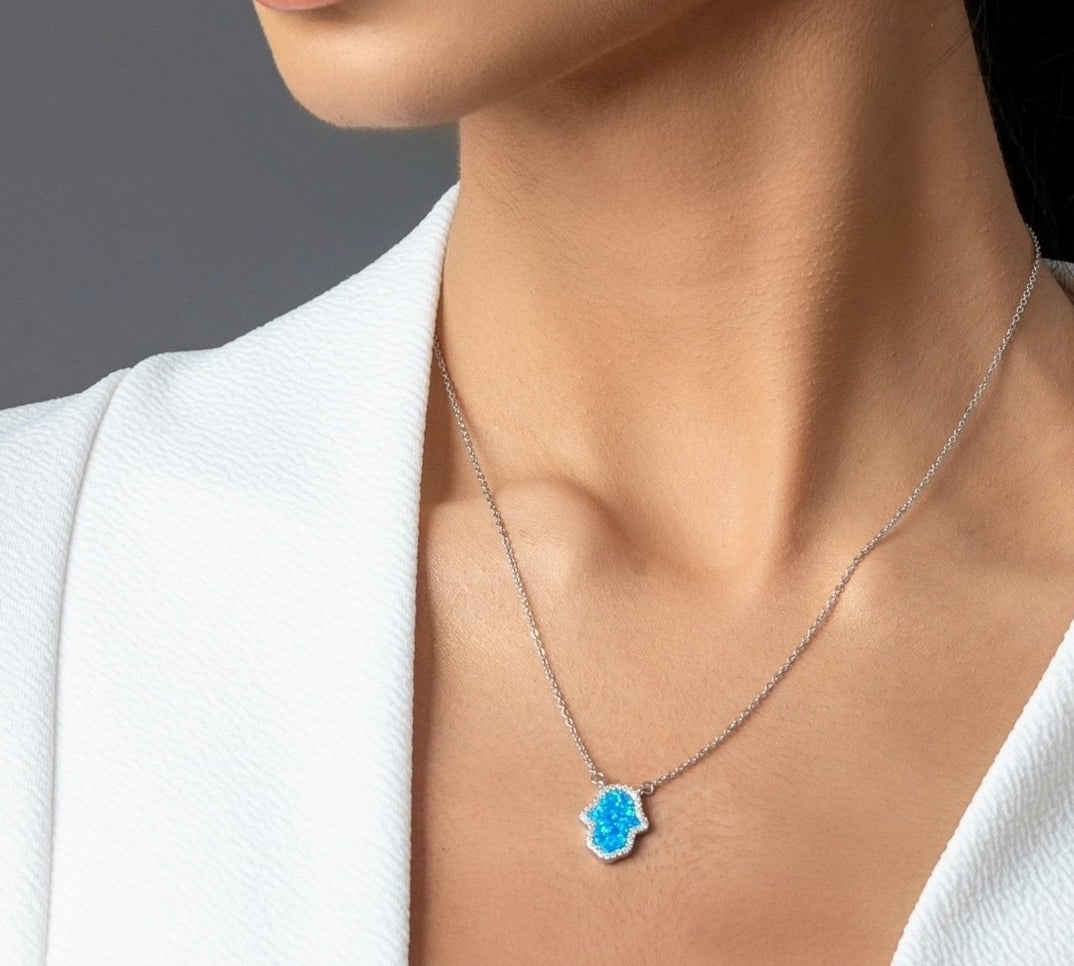 Hamsa Hand of Fatima Blue Opal Necklace sterling silverEmbrace Protection & Luck with this Opal Hamsa Necklace