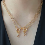 Initial Crystal Letter Necklace with Paper Clip Chain