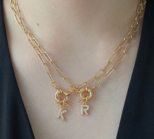 Initial Crystal Letter Necklace with Paper Clip Chain