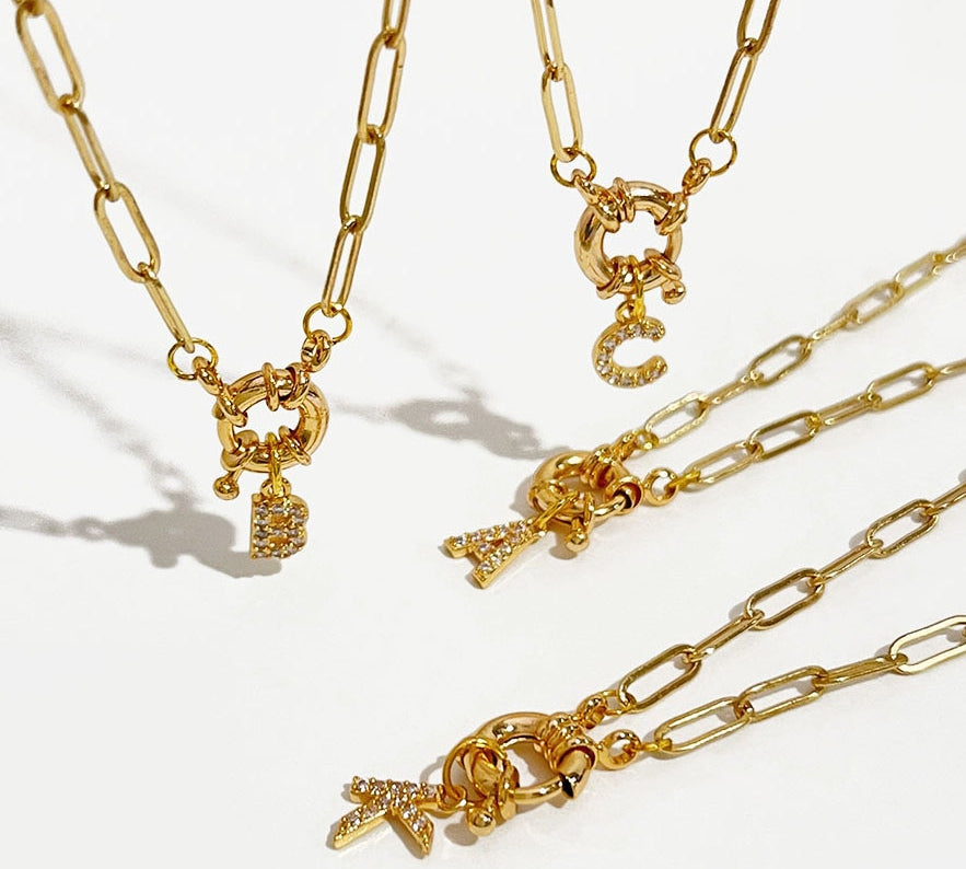 Initial Crystal Letter Necklace with Paper Clip Chain