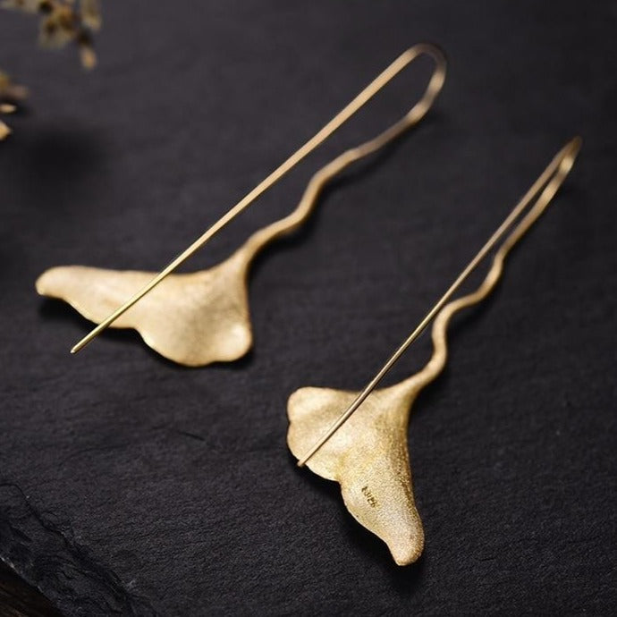 Gold Lotus Leaf Drop Earrings | Handmade Unique Statement Jewellery 