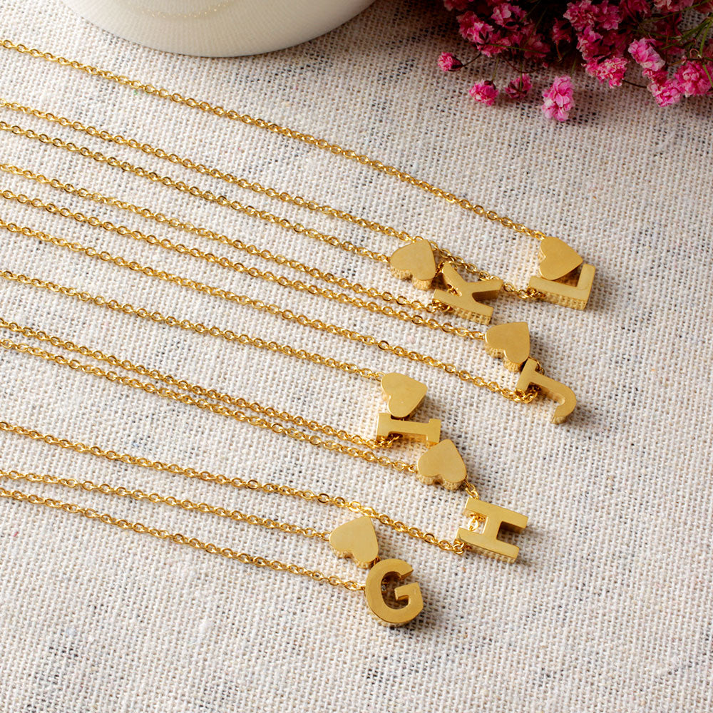 heart and initials letter alphabet necklace gold