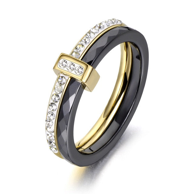 18K Gold Plated black Ceramic Ring with Crystals