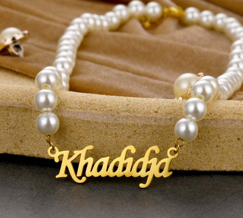 personalised name necklace gold pearls