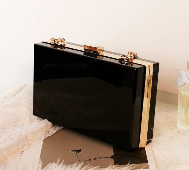 personalised acrylic clutch bag black gold hardware
