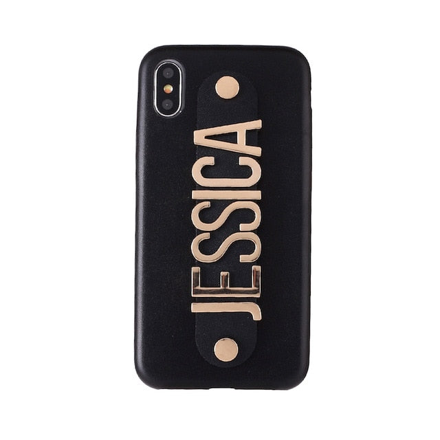 Personalised iphone case Luxury Black Leather Gold Metal Letters