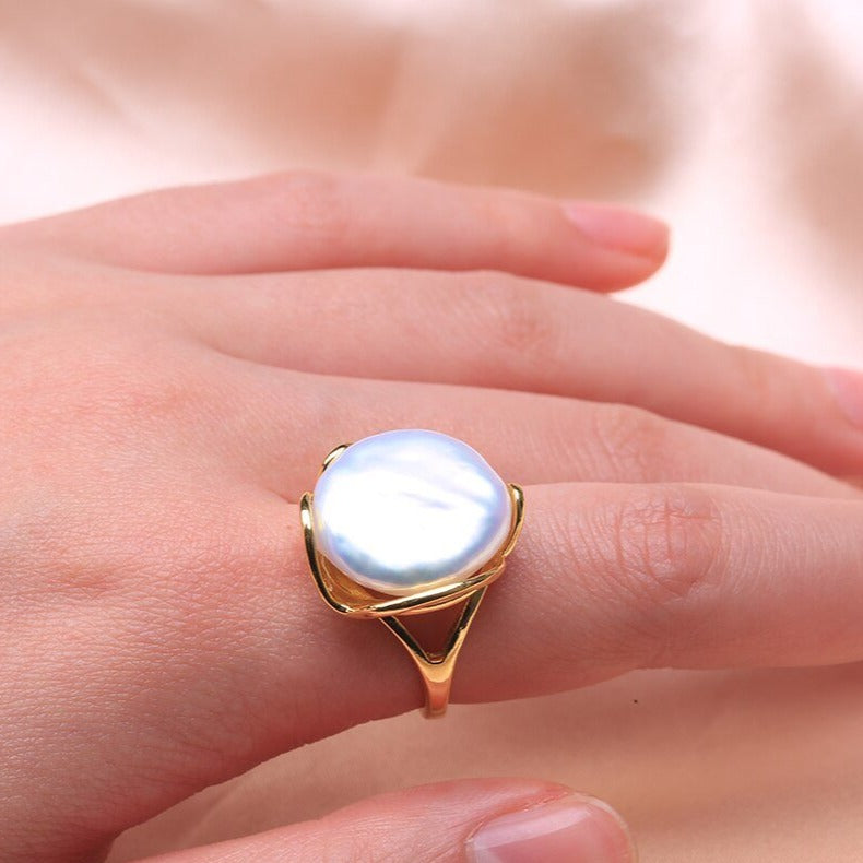 Gold Vermeil Freshwater Pearl Handmade Retro Ring 