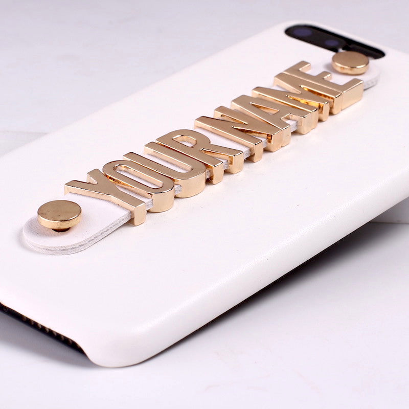 Personalised iphone case Luxury White Leather Gold Metal Letters
