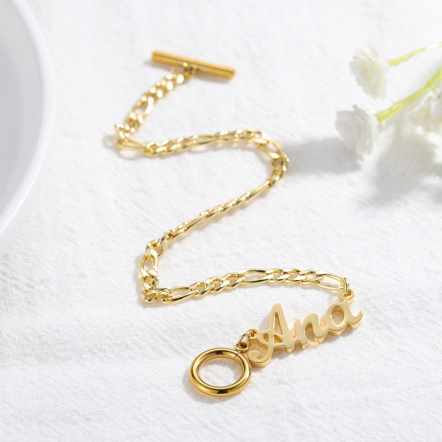 Personalised Name Gold T Bar Bracelet with Toggle Clasp