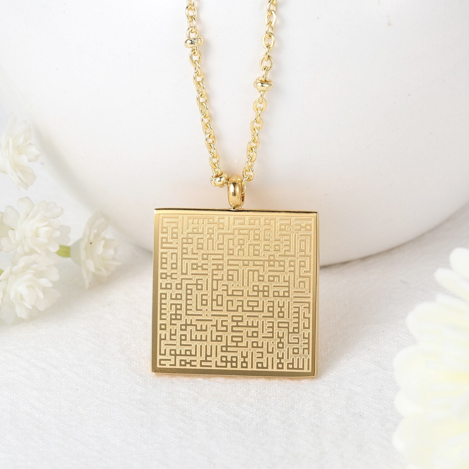 AYATUL KURSI Kufi Calligraphy Square Necklace 