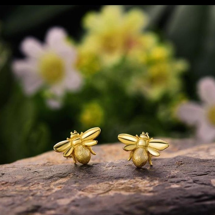 Dainty Handmade Bee Earrings -  Gold