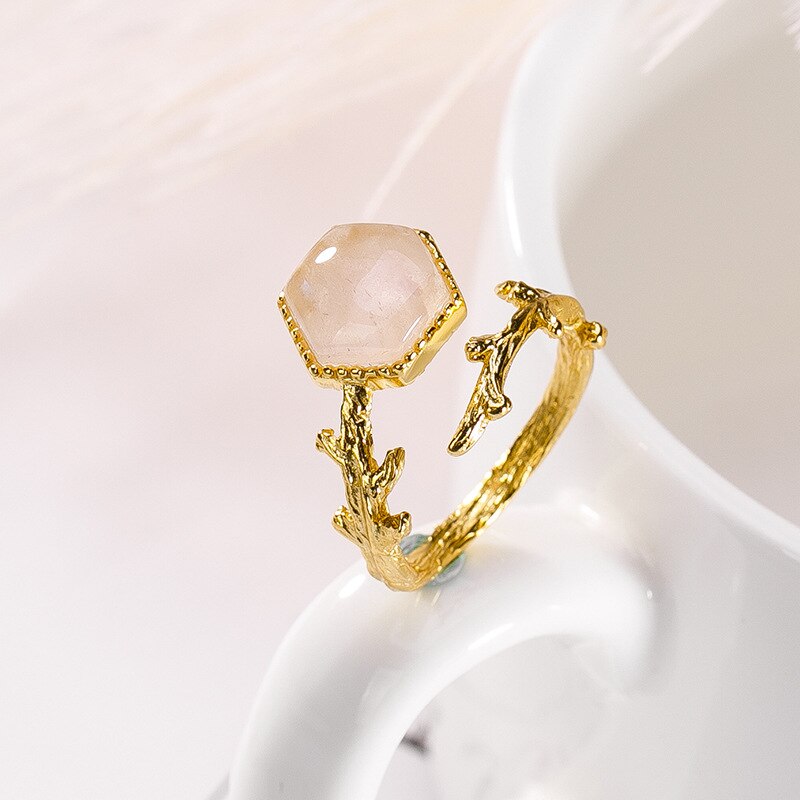 Natural Rose Quartz Ring -925 Sterling Silver & 18K Gold Vermeil